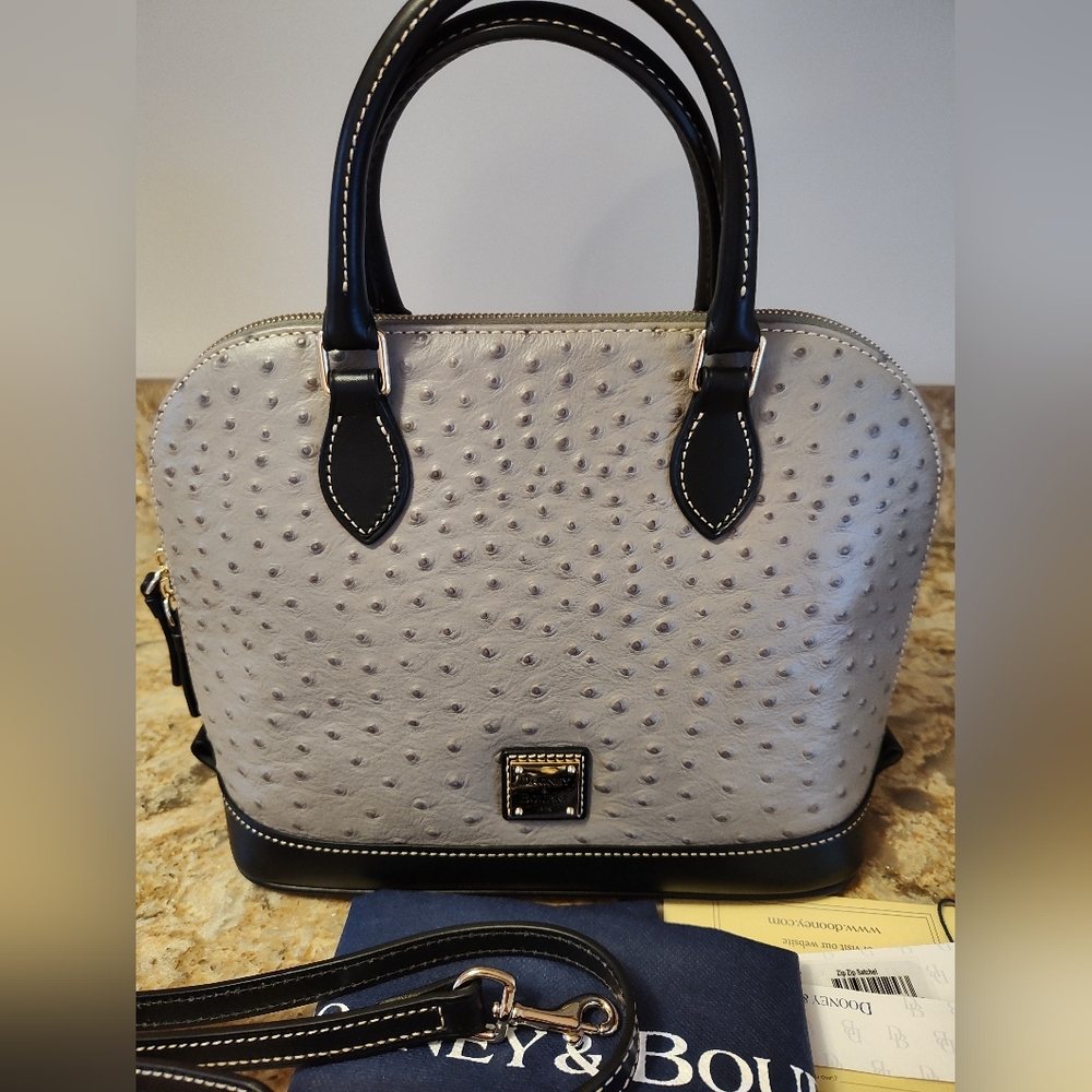Dooney & Bourke Gray Leather Ostrich Embossed Zip Zip Satchel - Like New